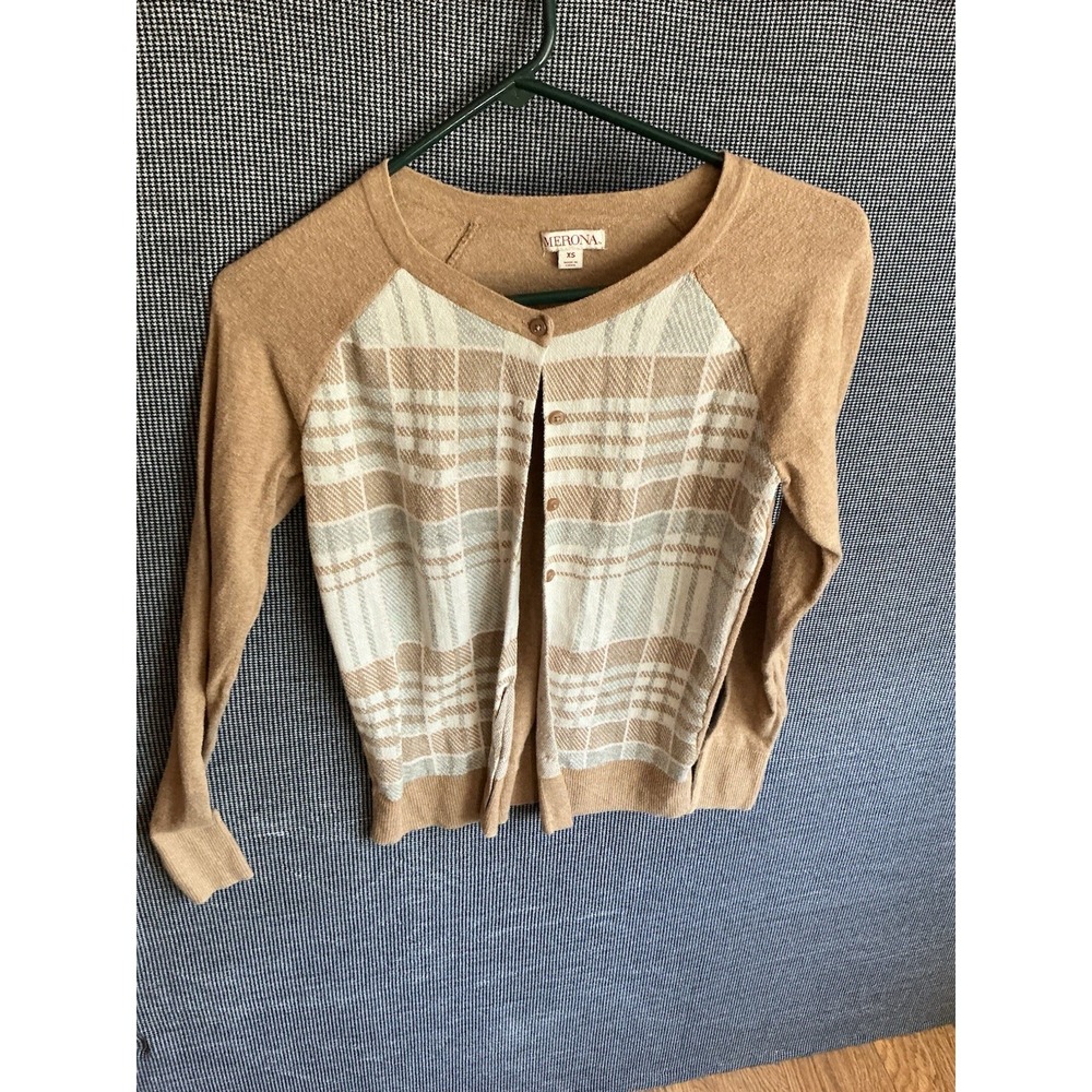Merona Cardigan Sweater Womens XS Plaid Button Front Preppy Academia